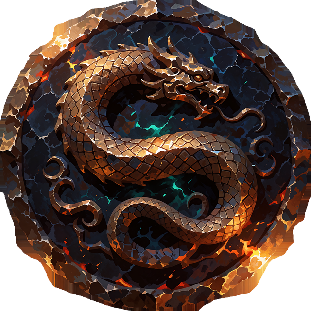 Rund emblem af sort smedejern med bronzekant og en bronzeslange - niveau 1 Forged Leviathan i VIP-programmet