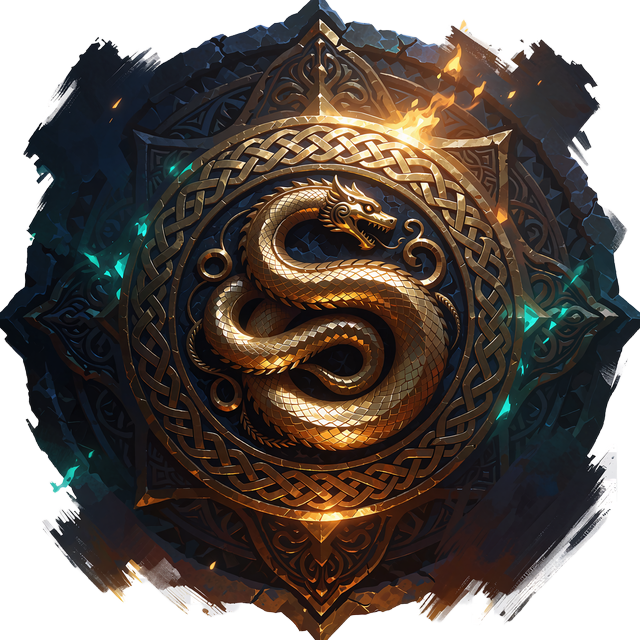 Rund guldemblem med flettet kant og en blank guldslange - niveau 2 Golden Leviathan i VIP-programmet