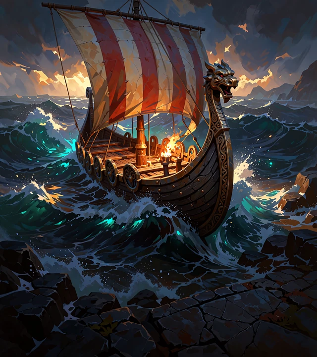 Vikingeskib med dragehoved p&aring; en stormfuld b&oslash;lge - nordiske Valhalla-temaer blandt online slots p&aring; Godz Casino