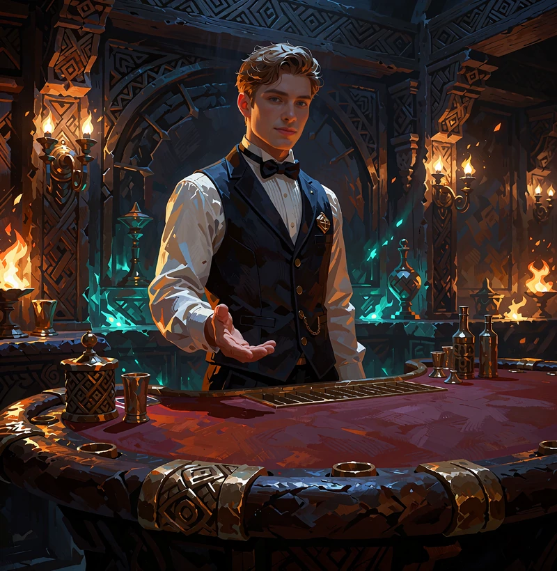 Croupier i vest og butterfly ved et r&oslash;dt kortbord byder velkommen - live blackjack i live casinoet hos Godz