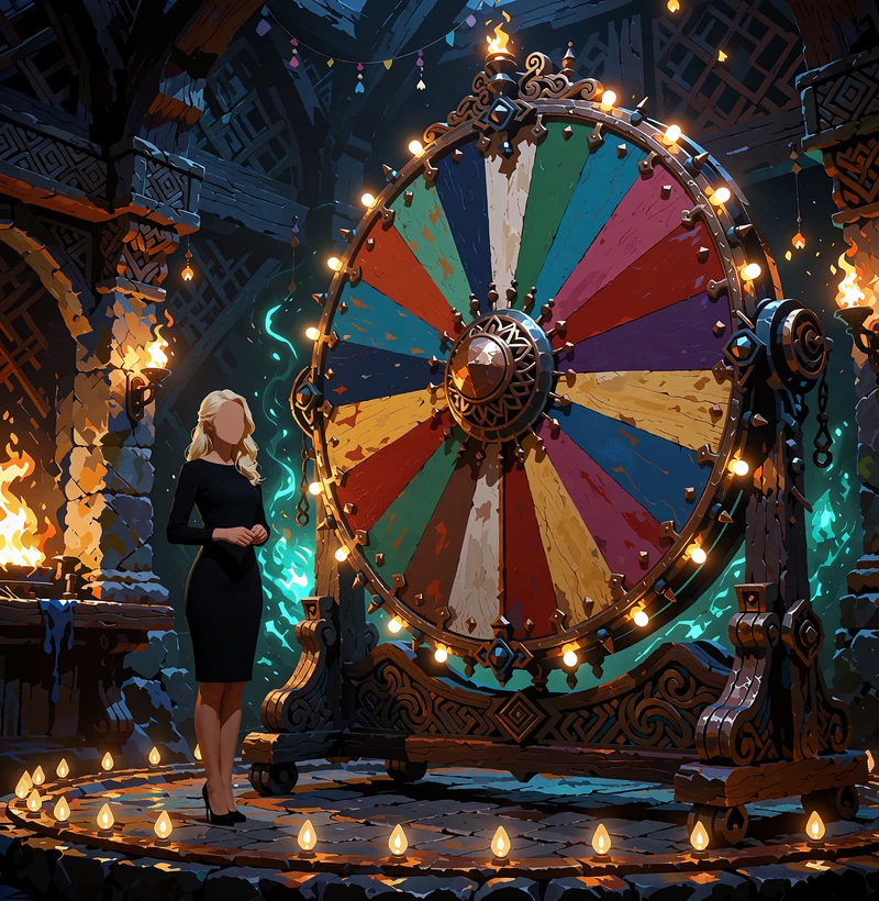 Studiev&aelig;rt ved siden af et stort farverigt pr&aelig;miehjul under lysp&aelig;rer - live gameshows i Godz Casinos live-sektion