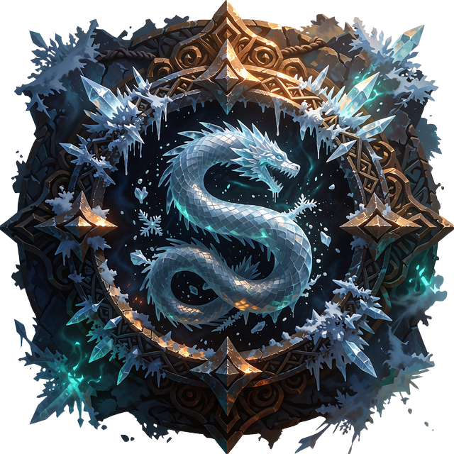 Emblem af frostet st&aring;l med iskrystaller og en isslange - niveau 4 Frostforged Leviathan i VIP-programmet