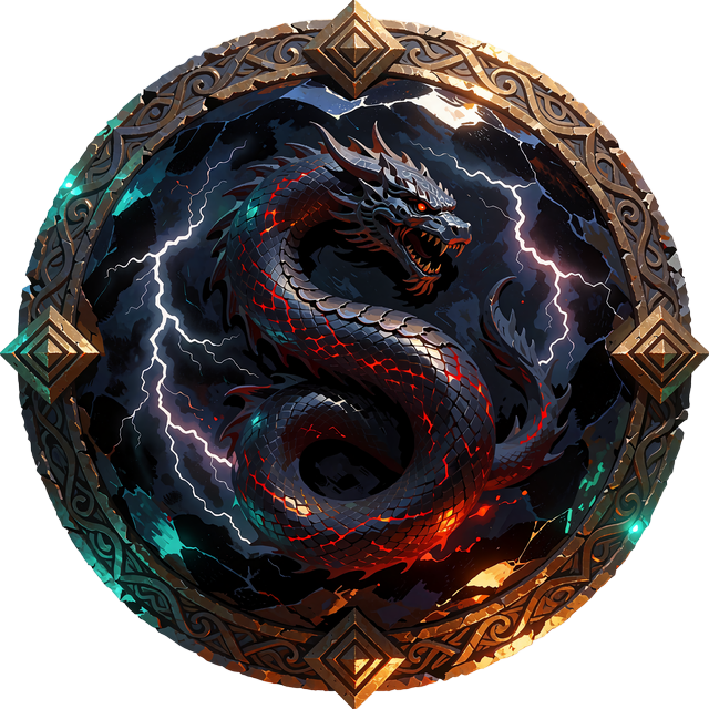 Emblem af sort obsidian med guldkant og en slange med gl&oslash;dende r&oslash;dt revner - niveau 5 Godslayer i VIP-programmet